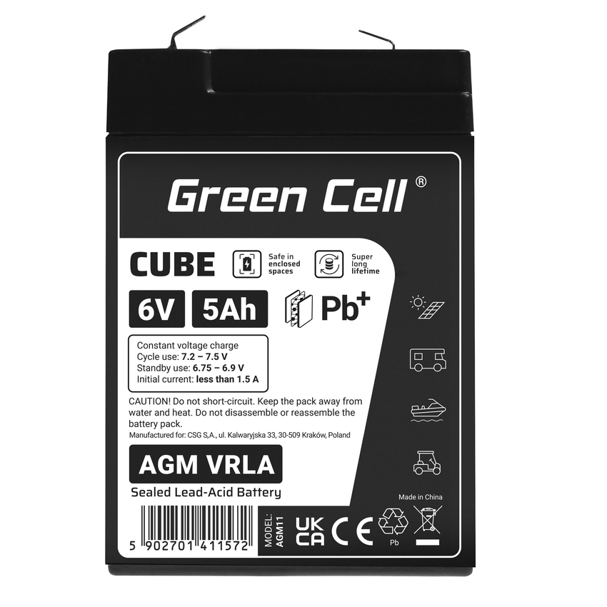Green Cell CUBE AGM IP54 6V 5Ah VRLA baterija Gel deep cycle toys za kids alarm systems (AGM6V5AH-J)