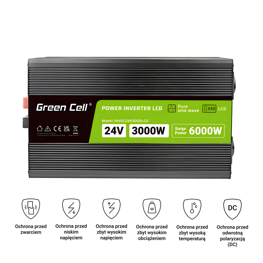 Green Cell PowerInverter LCD 24 V 3000W/60000W vehicle inverter with display - pure sine wave (INVGC24P3000LCD)
